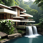 **Prompt:** Fallingwater inspired architecture. A luxurious modern house built over a cascading waterfall in a lush Malaysian rainforest. Natural materials like dark wood and local stone, large windows showcasing the environment, emphasis on organic design and harmony with nature. Soft, diffused lighting, serene atmosphere.